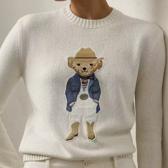Polo Ralph Lauren Western Cowboy Bear Beige Women's Sweater - Picture 1 of 7